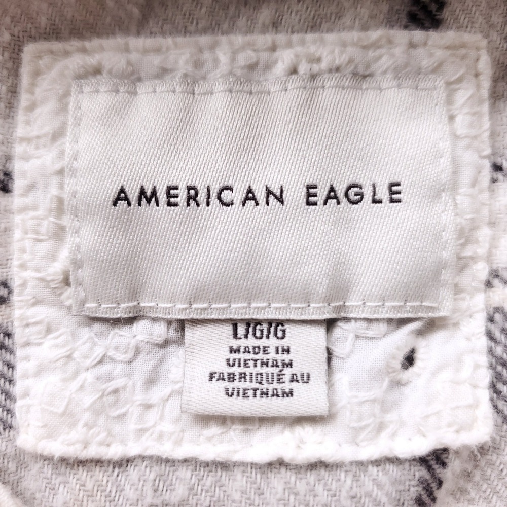 American Eagle Plaid Hooded Button Up Shirt Women L Gray Gorpcore Cabincore SOFT - Picture 7 of 11